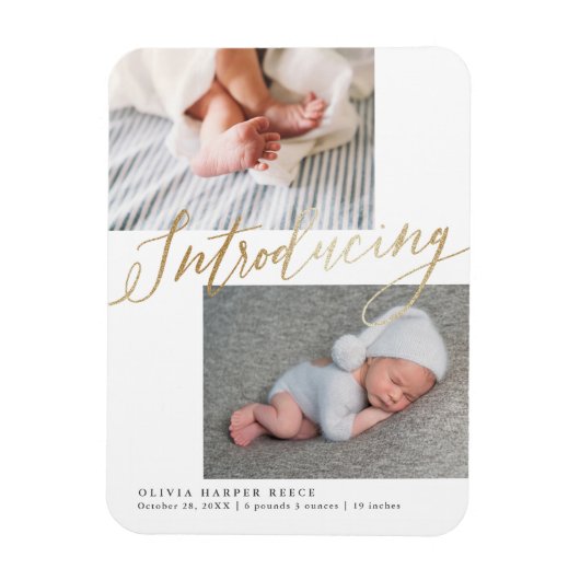 Gold Introduction Multi Photo Birth Announcement Magneet (Verticaal)