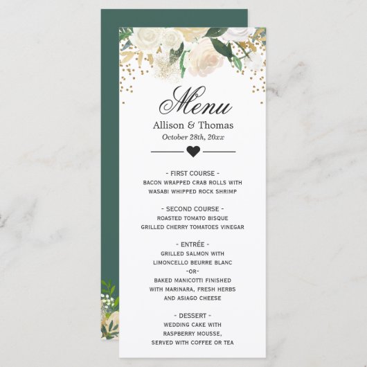 Gold Ivory Green Floral Wedding Menu Kaart (Voorkant / Achterkant)