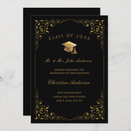 Gold Ivy Script van het zwarte Afstuderen van Oude Aankondiging (Voorkant / Achterkant)