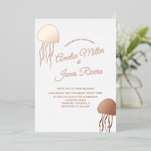 Gold JellyFish Mariage Pressing Foil Invitation (Debout devant)