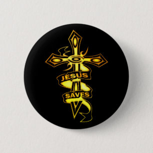 GOLD JESUS SAVES CROSS RONDE BUTTON 5,7 CM