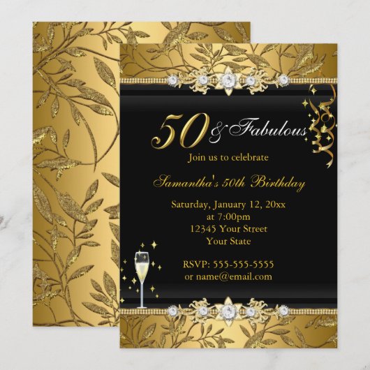 Gold Jewel Leaf 50 Fabulous Birthday Black Kaart (Voorkant / Achterkant)