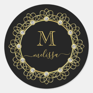 Gold Jeweled Lijst monogram met naam Classic Roun Ronde Sticker