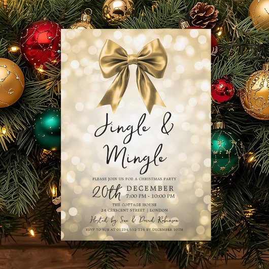 Gold Jingle & Mingle Christmas Party Bow & Lights Kaart
