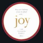 Gold Joy Modern Christmas Classic Round Sticker<br><div class="desc">Que votre saison des fêtes soit remplie de joie. Maillot d'or en fausse feuille de joie en lettrage et cadre en faux film rond avec bordure rouge vin foncé,  autocollant de vacances.</div>