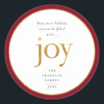 Gold Joy Modern Christmas Classic Round Sticker<br><div class="desc">Que votre saison des fêtes soit remplie de joie. Maillot d'or en fausse feuille de joie en lettrage et cadre en faux film rond avec bordure rouge vin foncé,  autocollant de vacances.</div>