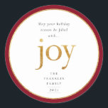 Gold Joy Modern Christmas Classic Round Sticker<br><div class="desc">Que votre saison des fêtes soit remplie de joie. Maillot d'or en fausse feuille de joie en lettrage et cadre en faux film rond avec bordure rouge vin foncé,  autocollant de vacances.</div>