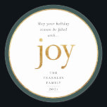 Gold Joy Modern Christmas Classic Round Sticker<br><div class="desc">Que votre saison des fêtes soit remplie de joie. Maillot d'or en fausse feuille joyeux lettrage et rond faux cadre avec bordure à feuillage persistant foncée,  autocollant de vacances.</div>