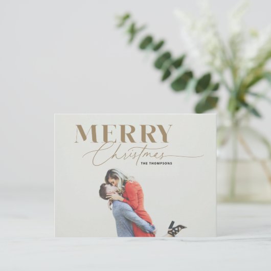 Gold Joyer Script Serif Christmas Photo Carte post (Debout devant)