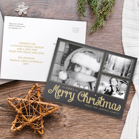 Gold Joyeux Noël 3 Photo Carte postale moderne