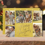 Gold Joyeux Noël Cinq photos Carte de vacances<br><div class="desc">Les cartes de fin de année de Noël multiphoto arborent vos noms et les mots Joyeux Noël en lettres d'or chic sur un arrière - plan d'or jaune. Il vous suffit de télécharger vos photos de famille préférées et d'ajouter votre personnalisation de famille au dos. Sélectionnez Matte pour le papier...</div>