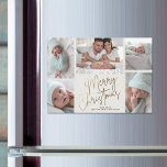 Gold Joyeux Noël Cinq photos Carte magnétique<br><div class="desc">Fêtes de Noël multiphoto Les cartes MAGNETIC présentent vos noms et les mots Joyeux Noël en lettres d'or chic sur un arrière - plan blanc cassé. PLUS DE DESIGNS et de couleurs dans notre magasin.</div>