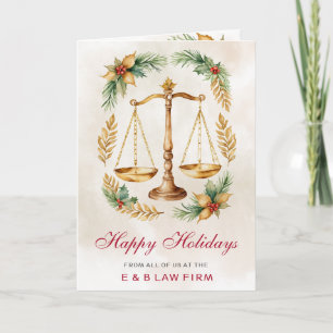 Gold Justice Scale Holly Wreath Lawyer Kerstmis Feestdagen Kaart
