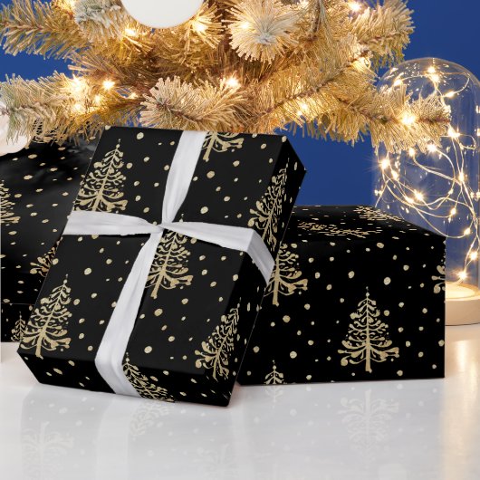 Gold kerstbomen Gold Falling Snow Black Cadeaupapier (Feestdagen)