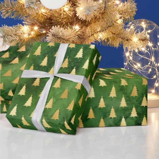 Gold kerstbomen op groen cadeaupapier (Feestdagen)