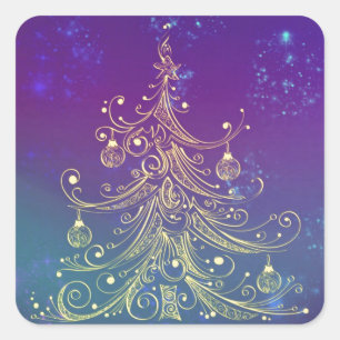 Gold Kerstboom Motif Paars Blauwgroen Vierkante Sticker