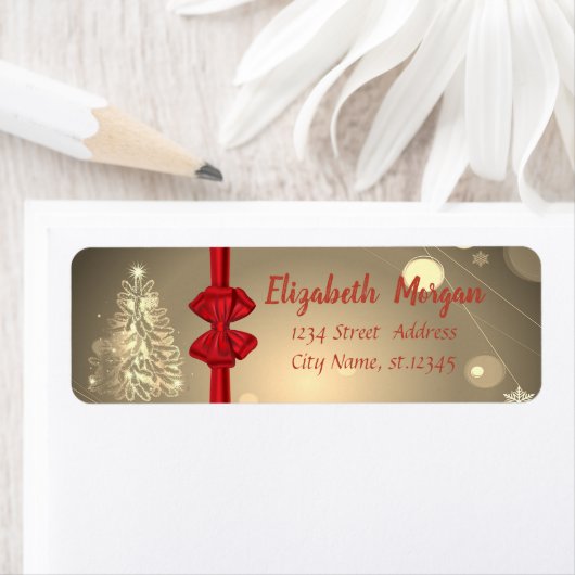 Gold kerstboom, Red Bow, feestdag Etiket (Insitu)