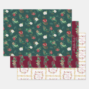Gold Kerstmis Floral Red Green Waterverf familie Inpakpapier Vel