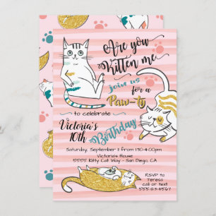 Gold Kitty Cat Birthday-uitnodiging Kaart