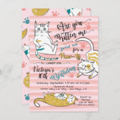 Gold Kitty Chat Anniversaire Fête Invitation (Devant / Derrière)