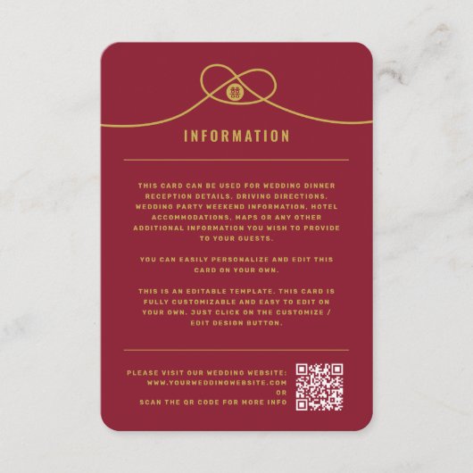 Gold Knot Union Double Happiness Chinese Wedding Informatiekaartje (Voorkant)