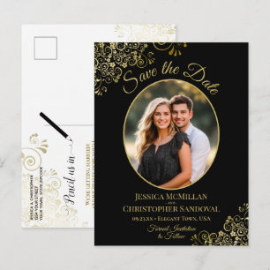 Gold Lace Black Wedding Save the Date Oval Photo Aankondigingskaart