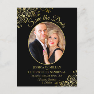 Gold Lace Black Wedding Save the Date Oval Photo Aankondigingskaart