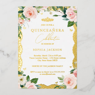 Gold Lace Blush Pink Floral Quinceanera Folie Uitnodiging