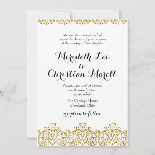Gold Lace Calligraphy Wedding Invitation Kaart (Voorkant)