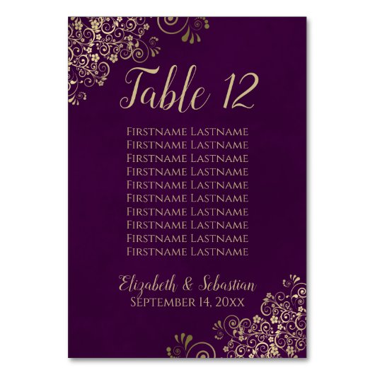 Gold Lace Chic Plum Paars Wedding Seding Chart Kaart (Voorkant)