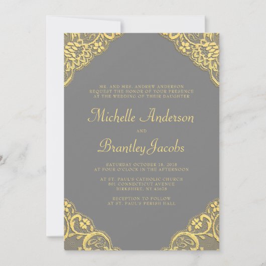 Gold Lace Corners Elégant Mariage Invitation Grey (Devant)