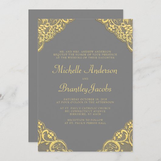 Gold Lace Corners Elégant Mariage Invitation Grey (Devant / Derrière)