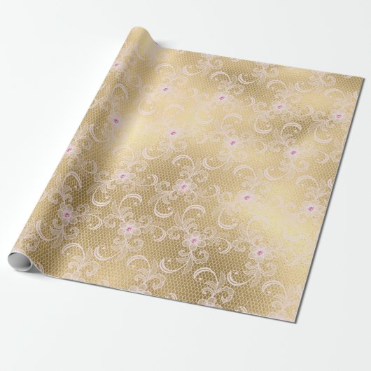 GOLD LACE ELEGANT BIRTHDAY WEDDING WRAP CADEAUPAPIER (Uitgerold)