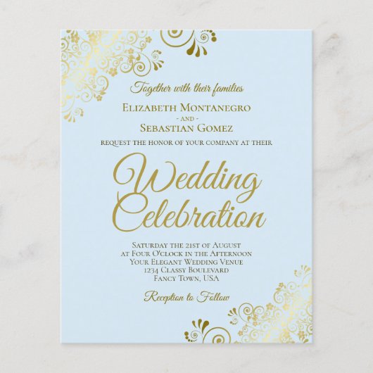 Gold Lace Elegant Blue BUDGET Weduwuitnodiging (Voorkant)