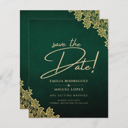 Gold Lace Emerald Green All-in-1 Wedding Invite QR (Voorkant / Achterkant)