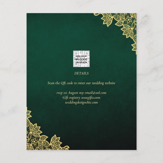 Gold Lace Emerald Green All-in-1 Wedding Invite QR (Achterkant)