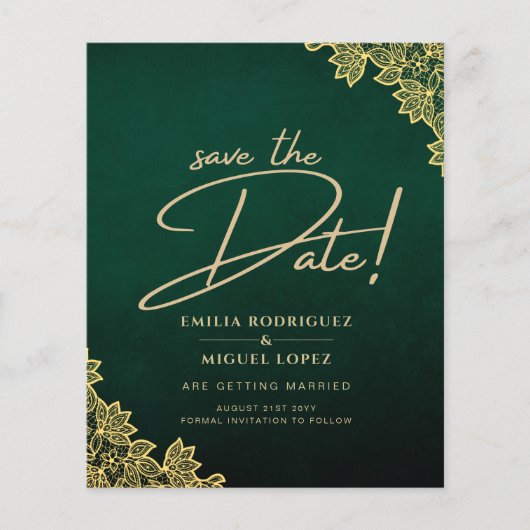 Gold Lace Emerald Green All-in-1 Wedding Invite QR Flyer (Voorkant)