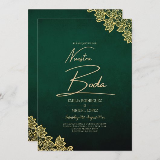 Gold Lace Emerald Green All-in-1 Wedding Invite QR Kaart (Voorkant / Achterkant)