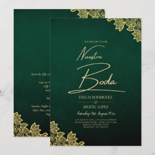 Gold Lace Emerald Green All-in-1 Wedding Invite QR Kaart