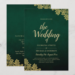 Gold Lace Emerald Green All-in-1 Wedding Invite QR Kaart