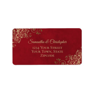 Gold Lace Frills op Red Elegant Wedding Address Etiket