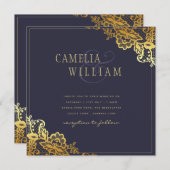 Gold Lace Marine Blue Wedding Invitations Budget (Devant / Derrière)