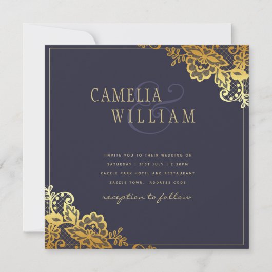 Gold Lace Marine Blue Wedding Invitations Budget (Devant)