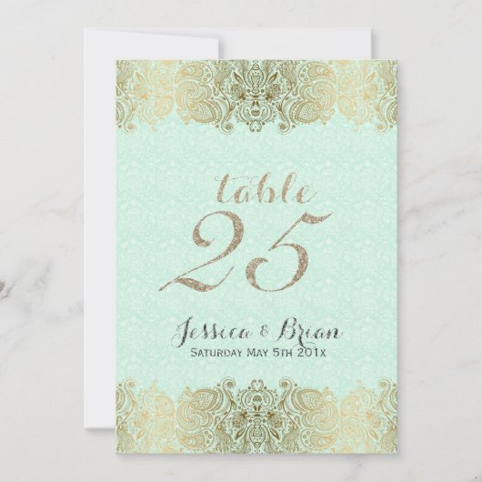 Gold Lace & Mint-Green Wedding Table Number Kaart (Voorkant)