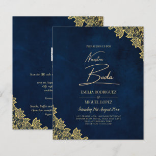 Gold Lace Navy Blue All-in-1 Wedding nodigt QR Co