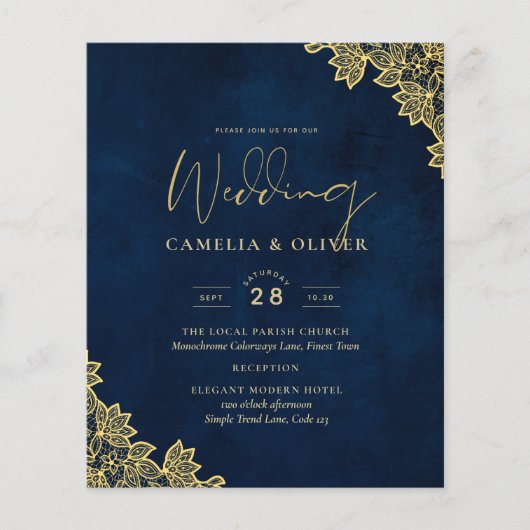 Gold Lace Navy Blue All-in-1 Wedding nodigt QR Co Flyer (Voorkant)