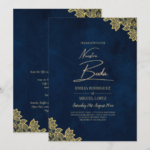 Gold Lace Navy Blue All-in-1 Wedding nodigt QR Co Kaart