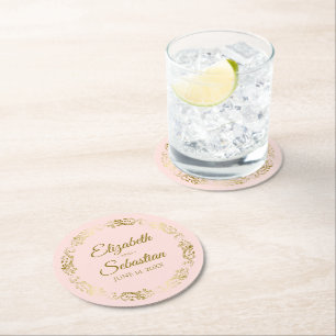 Gold Lace op Bleek blush Pink Elegant Wedding Ronde Kartonnen Onderzetter