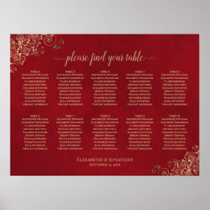 Gold Lace op Red 10 Table Wedding Seating Chart Poster