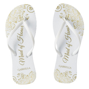 Gold Lace op White Elegant Maid of Honor Wedding Teenslippers